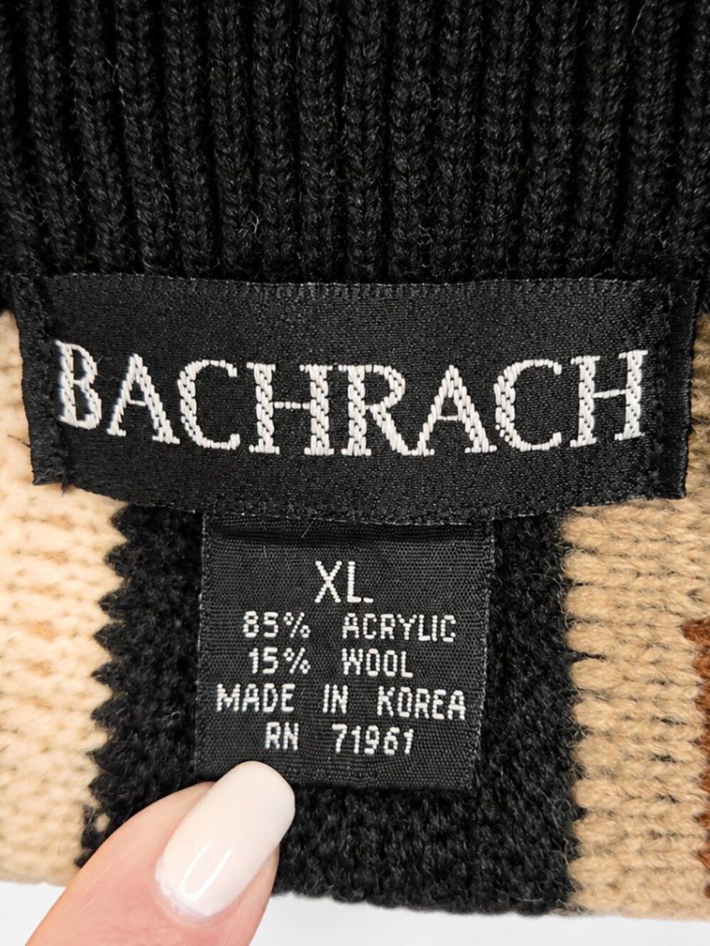 Bachrach Men’s XL Geometric Knit Sweater | Beige Black Brown Wool Blend - Picture 9 of 9